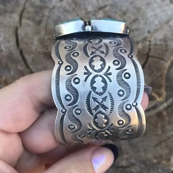 Navajo Sterling Silver Royston Turquoise Cuff Bracelet By Benson Shorty - Picture 5 of 7